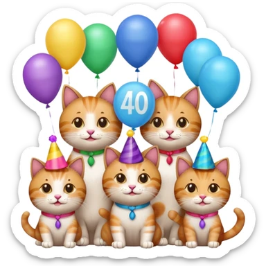 six cats at a 40th birthday party, one cat holding a '40' balloon, cheerful, emoji style sticker