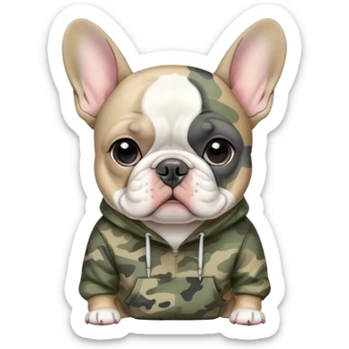 Grey and white French bulldog with camo hoodie on sticker