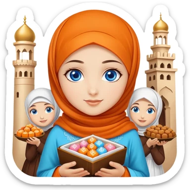 Turkish beautiful finish Konya girl blue eyes with orange hijab islamic dress and had on her hand text Eid Mubarak with sweets and celebrating with her friends eid days   sticker