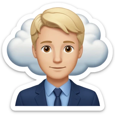 Expressive ,Blond man with brown eyes,warm smile, curious, cartoon style,navy-blue, background has thought clouds elegant 💭 sticker
