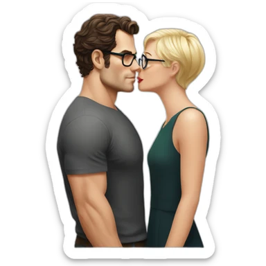 Henry Cavill kissing blond woman wearing glasses, with pixie cut sticker