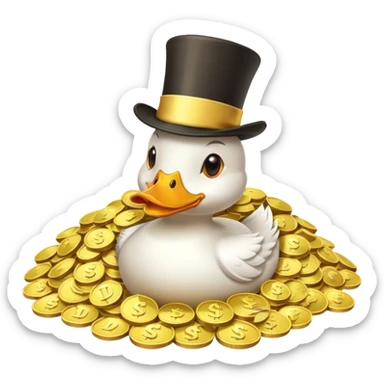 Duck character in top hat swimming in pile of gold coins and money bags sticker