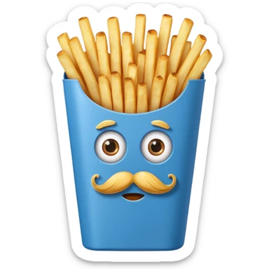 long slim crispy fries in a blue carton, carton has eyes and mustache sticker