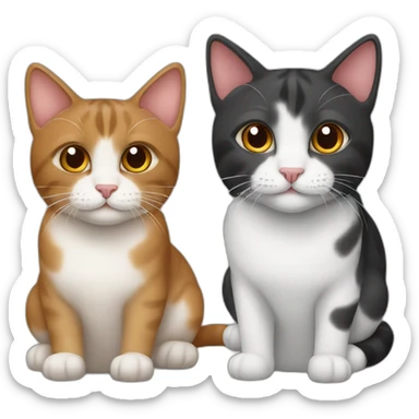 Two cats. The first cat of three colors red, black and brown. and light nose. The second is grey sticker