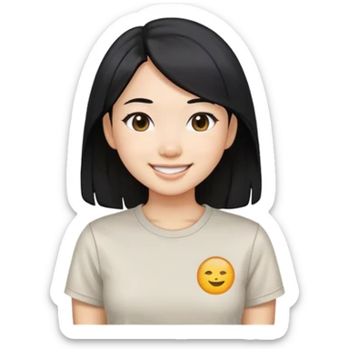 an asian girl with straight black hair, slight waves, smiling, wearing tshirt sticker