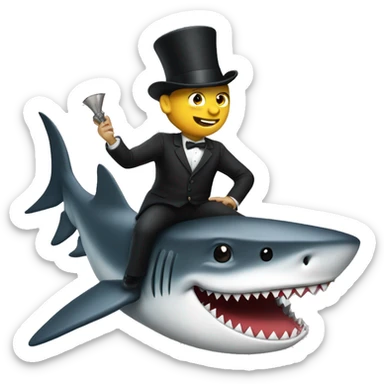 Man riding a shark with a top hat sticker