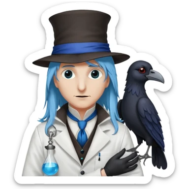 Plague Doctor with light-blue beautiful hair, long hair tendril bangs down on the sides, white lab coat, blue cravat, black feathers on shoulder, raven companion, black gloves, red eyes sticker