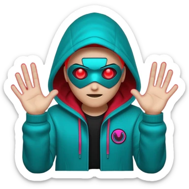 Neon cyberpunk hooded hacker emoji using the exact original palette: crimson red glow, cyan/teal highlights, black shadows. Character shakes head “no” and shows stop hand. Text “NO TO SCAMS” in red neon. Smooth looping animated sticker, transparent background, Discord emoji style. No new colors. sticker