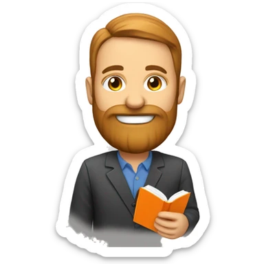 a CAUCASIAN teacher WITH BEARD promoting an orange book sticker