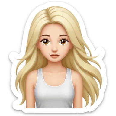 with long eyelashes, a white tank top, longer hair that doesn't pull on the long sticker