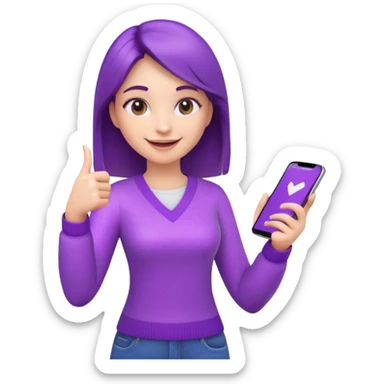 3D emoji of a cheerful young woman in casual clothes holding a phone and pointing at a checklist, sparkles around, purple theme, for a home service app sticker