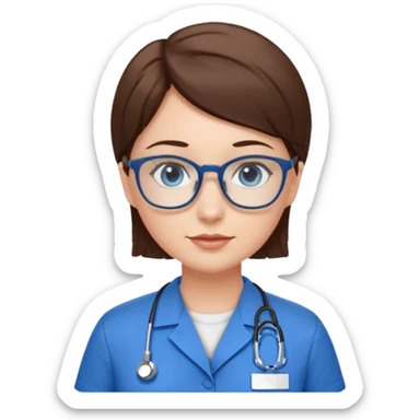 Blue eyes short hair with glasses woman in care assistant blue uniform sticker