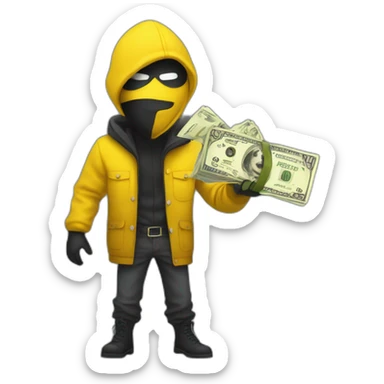 Yellow robber with bag of cash and mask sticker