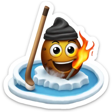 Flaming poop holding a hockey stick while on ice sticker