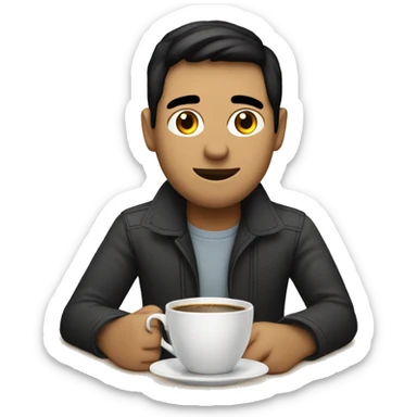 programmer with black hair programming in his mac, having coffee as well sticker