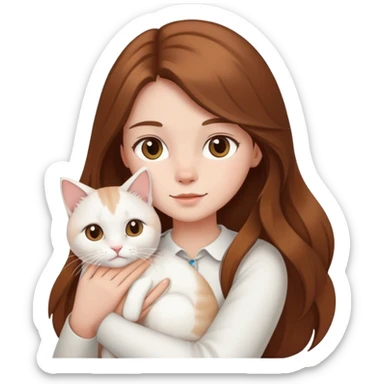 brown long hair young girl with white cat sticker