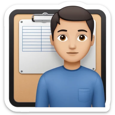 Minimalistic flat vector icon, iOS style, thin black contour on white background. Person silhouette with a project board (kanban/task board) behind. No text, no shadows.
 sticker