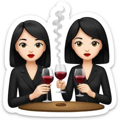2 girls in black 1 smoking and 1 drinking wine both black hair  sticker