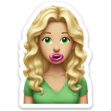 blonde female hair down with green eyes blowing a pink bubble gum sticker