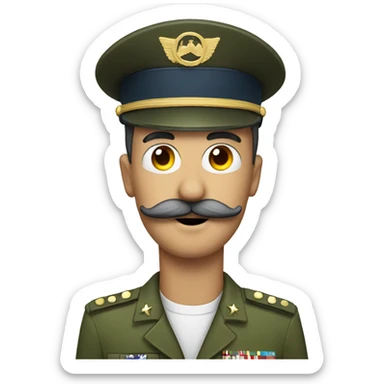 Man with toothbrush mustache with a military hat sticker