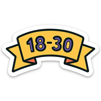 Discord role icon for 18-30 year olds, featuring a dynamic ribbon or banner with '18-30', energetic and friendly style sticker