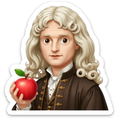 Isaac Newton wearing 17th-century aristocratic attire with long curled periwig, hold an apple sticker