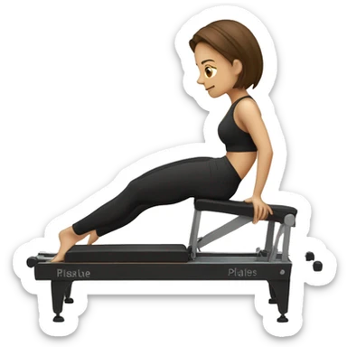 A girl with brown hair and a black sport set exercise on a Pilates reformer  sticker