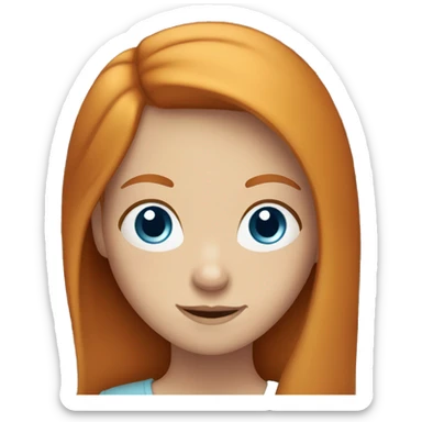 Ginger girl with straight hair and blue eyes reading sticker