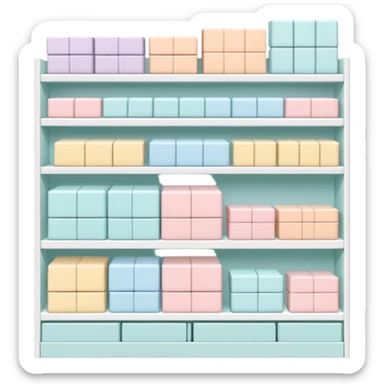 "Minimalist Japanese retail shelf display, products aligned identically across horizontal rows, vertically varied by type, clean spacing, precise symmetry, soft neutral lighting, aesthetic composition, highly organized, front-facing packages, ultra-detailed." sticker