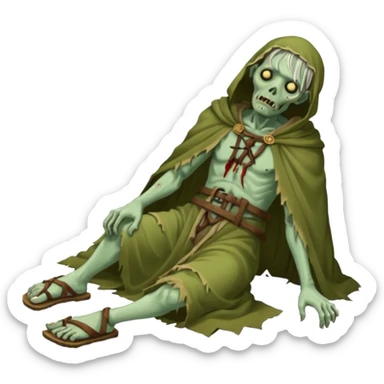 fullbody zombie leper laying on the ground, with ancient sandals and ragged cloak sticker