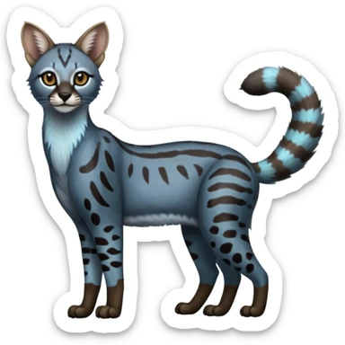 Realistic patterned marked edgy cool bluish greyish blackish whitish silvery Shiny Colorful Dusky Dark Glossy Genet-Caracal-Lion-Bobcat-fusion-animal-hybrid-creature, full body, tufted ears, long thin tufted tail sticker