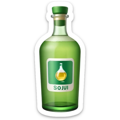 korean soju, green bottle with white label on it written soju  sticker