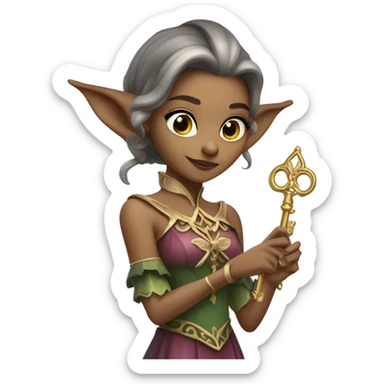 an elf woman login holding a big key sticker