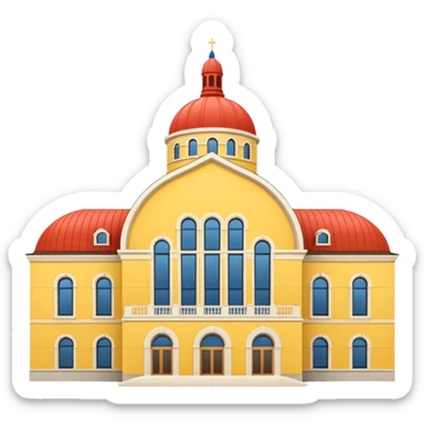 Norwegian Parliament building Stortinget, yellow brick facade, arched windows, iconic central rotunda, simplified and expressive, emoji style sticker