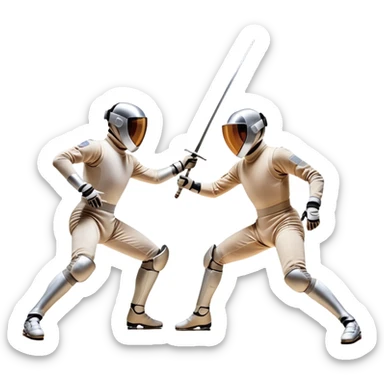 Two fencers in full protective gear duel on a professional piste. The background features a dynamic blur, symbolizing speed and precision. The scene is illuminated by bright arena lights, emphasizing the intensity of the match. Transparent background. sticker