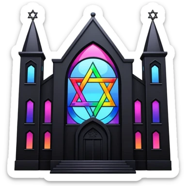 jewish synagogue temple in dark goth aesthetic style with black building and rainbow tint glass windows and star of david sticker