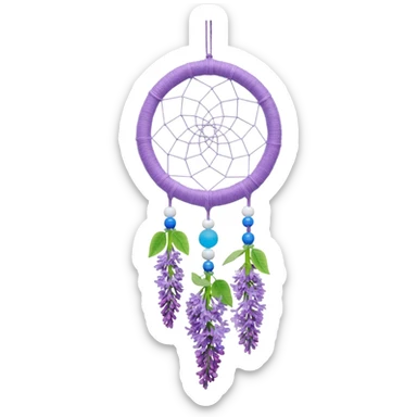 Lavender lilac pastel purple dreamcatcher-suncatcher with lavender flowers and lilac flowers attached, blue beads, and white beads, green leaves sticker