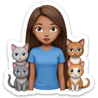 a pretty bratz dusky girl with long brown hair, blue eyes with six cats nd wearing a grey tshirt sticker
