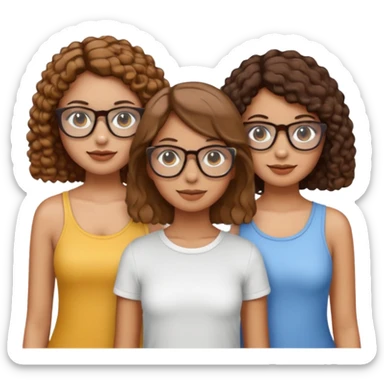 three girls, two with straight shoulder-length light brown hair and tan skin, one with short curly dark hair, wearing transparent glasses, emoji style sticker