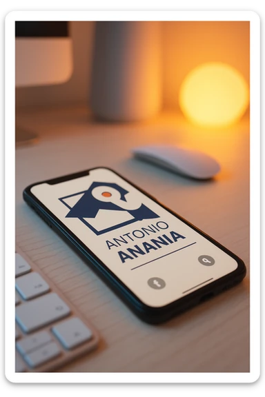 A photo of an iPhone on the desk with the message "Antonio Anania" on its screen, The phone sits atop a desk with a blurred background that suggests work environment. A faint glow from above casts gentle shadows across the surface of each object, creating depth and highlighting their textures sticker