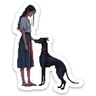A very beautiful and attractive 25-year-old Japanese woman with long flowing black hair gently petting a SOLID DARK GREY whippet on a beach during a beautiful sunset. The woman's hand is lovingly stroking the whippet. The whippet MUST be COMPLETELY SOLID DARK GREY with ABSOLUTELY NO WHITE MARKINGS ANYWHERE - no white chest, no white face, no white paws, no white tip on tail - ENTIRELY ONE SOLID DARK GREY COLOR throughout the entire dog. Orange and red sunset sky over the ocean, sandy beach in the foreground. sticker