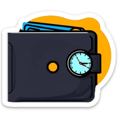wallet with a zooming clock with motion blur in top right corner, clock with speed streaks, speedometer-style clock showing fast service sticker