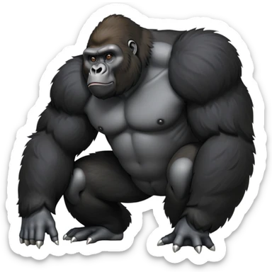 cinematic-friendly gorilla-realistic-full-body-crouched on all fours-emoji,-broad-and-powerful-frame-poised-with-confidence,-massive-arms-hanging-slightly-forward,-head-tilted-thoughtfully,-thick-black-fur,-deep-dark-eyes-full-of-intelligence,-simplified-yet-realistic sticker