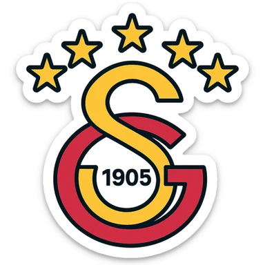 Modern Galatasaray logo, 5 stars on top, yellow and red, minimalistic, color outline icon style sticker