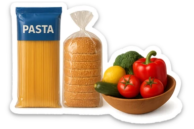 pacco di pasta realistico, pacco di pane, bowl di frutta e verdura, 4k sticker