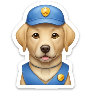 Yellow lab with a blue service vest sticker