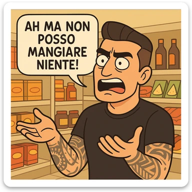 Transform this person into a cartoon-style emoji: a man complaining in a supermarket with an exasperated expression, saying "Ah ma non posso mangiare niente!". Background with supermarket shelves. The atmosphere is ironic and caricatural, in a western adult animation cartoon style. sticker