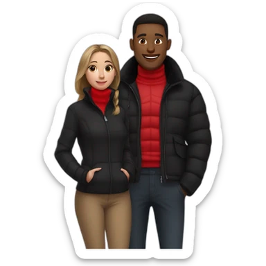 a girl with red turtle neck and a guy next to her with a black puff jacket sticker