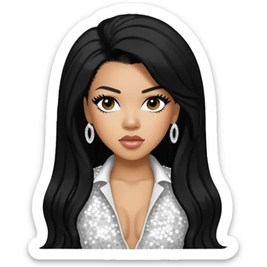 Keyshia Cole with long black hair, white sequin outfit sticker