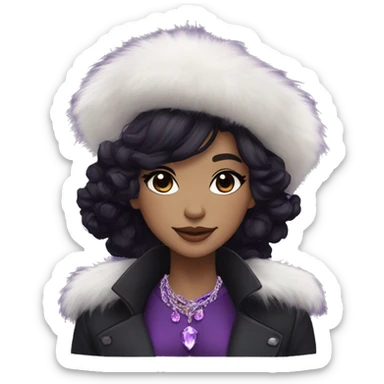 black hair,pale, long messy hairstyle, beret hat, purple eyes, smile, long black trench coat with white fur around the neck, purple crystal earrings, purple crystal necklace, black pants sticker